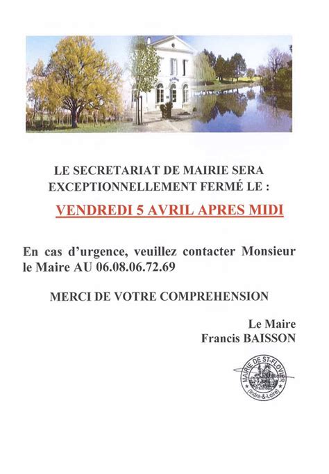 Fermeture du secrétariat de Mairie Saint Flovier