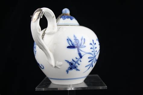 Rare Antique Meissen Zwiebelmuster Blue Onion Silver Mounted Porcelain