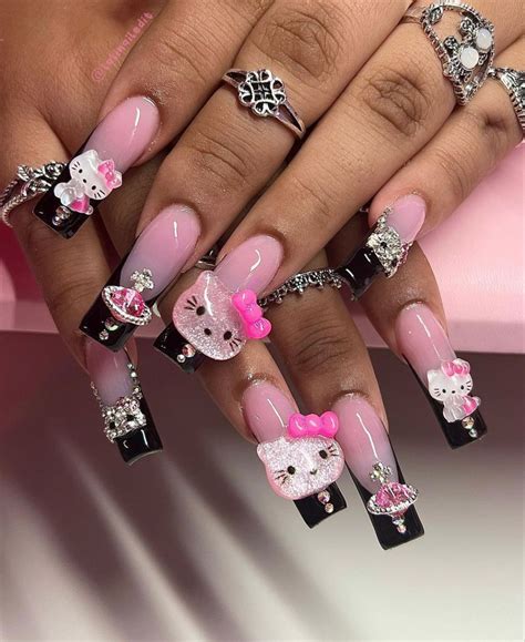 Black French Tip Hello Kitty Acrylic Nails Pink Acrylic Nails Kawaii