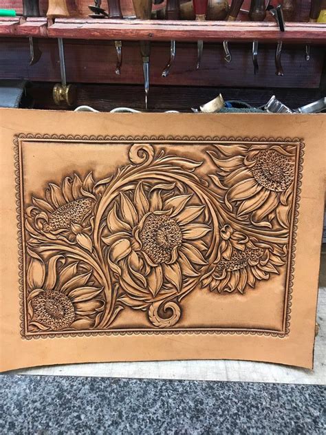 Designs For Leather Sunflowers Etsy Custom Leather Work Leather Art