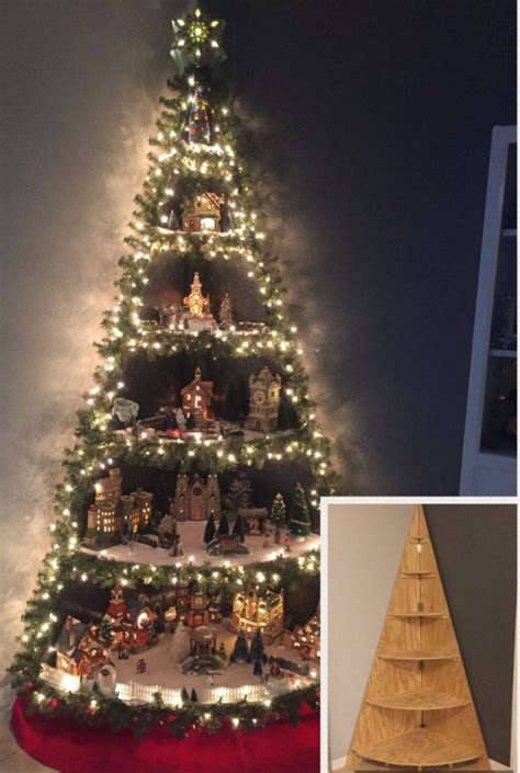 6ft Wooden Christmas Tree Corner Shelf Christmas Village Display Dept