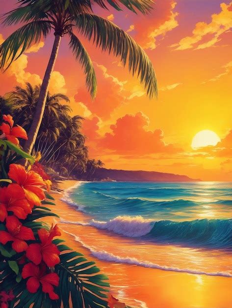 Premium AI Image | Tropical beach flowers on sunset Tropical beach ...