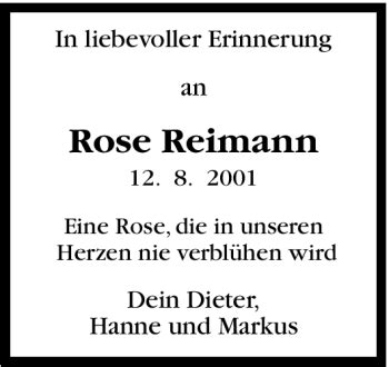 Traueranzeigen Von Rose Reimann Stuttgart Gedenkt De