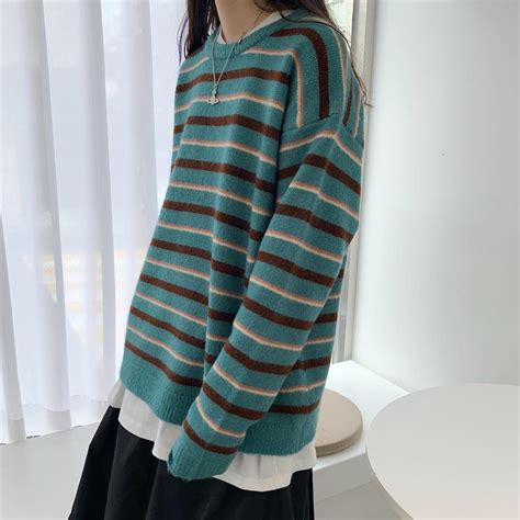 itGirl Shop | KOREAN AESTHETIC ROUND NECK STRIPED KNITTED SWEATER