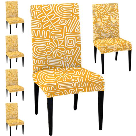 Hotkei Pack Of 6 Yellow Abstract Printed Dining Table Chair Cover Stretchable Slipcover Seat