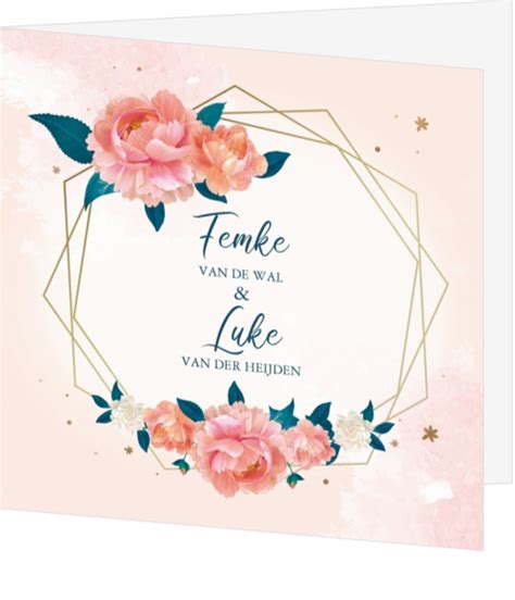 Huwelijkskaart Roze Bloemen Met Frame Trouwkaarten Nl