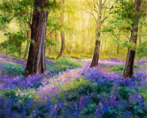 Bluebell Woods Painting Original British Forest Virginia Bluebells Art Purple Flowers