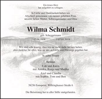 Traueranzeigen Von Wilma Schmidt Trauer In Nrw De