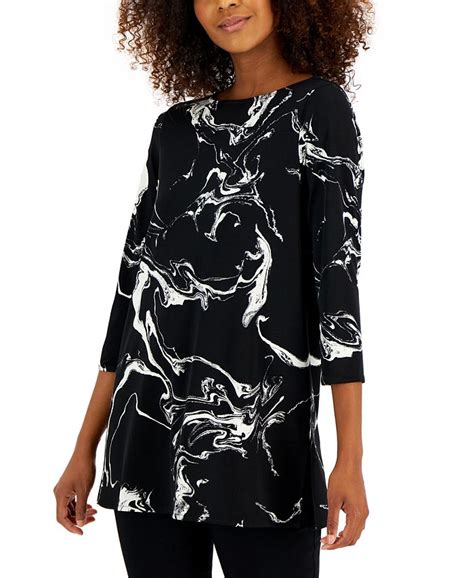 Alfani Womens Boat Neck 34 Sleeve Printed Tunic Created For Macys