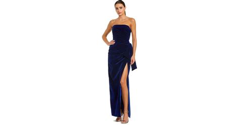 mac duggal strapless high slit draped velvet gown  blue lyst