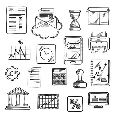 Business Financial And Office Sketched Icons With Computer