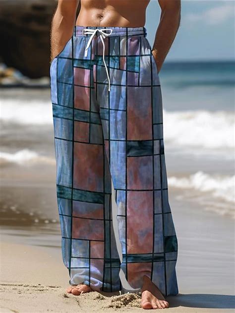 Mens Hawaiian Plaid Pants 3d Print Straight Leg Trousers Mid Waist