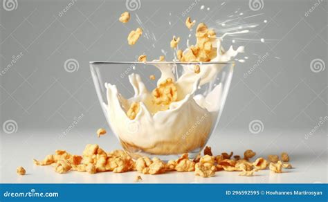 Cornflakes Falling Into A Glass Bowl With Milk Splashes Healthy Food