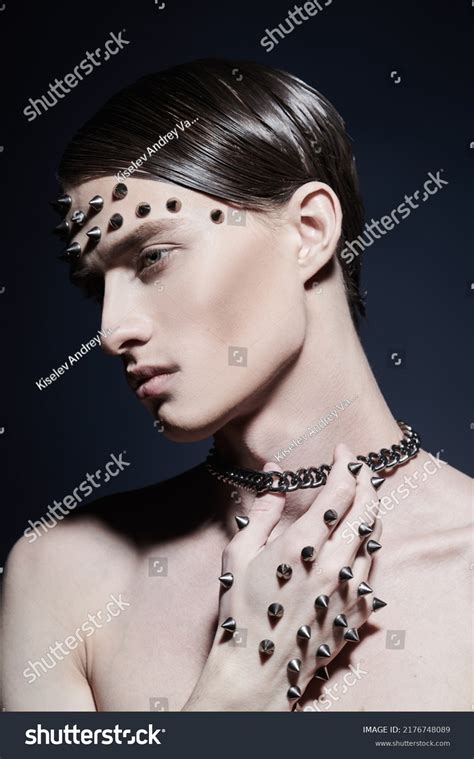 Portrait Attractive Naked Man Metal Spikes Stock Photo