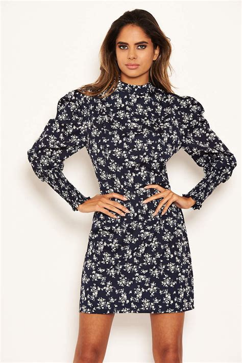 Navy Ditsy Floral Puff Sleeve Skater Dress Ax Paris Us