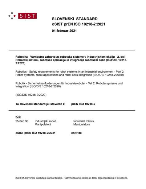 PrEN ISO 10218 2 Manipulating Industrial Robots Safety Part 2