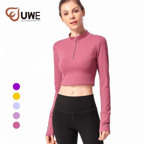 Yoga Jacket With Thumb Holes Half Zip Up Long Sleeve Crop Tops