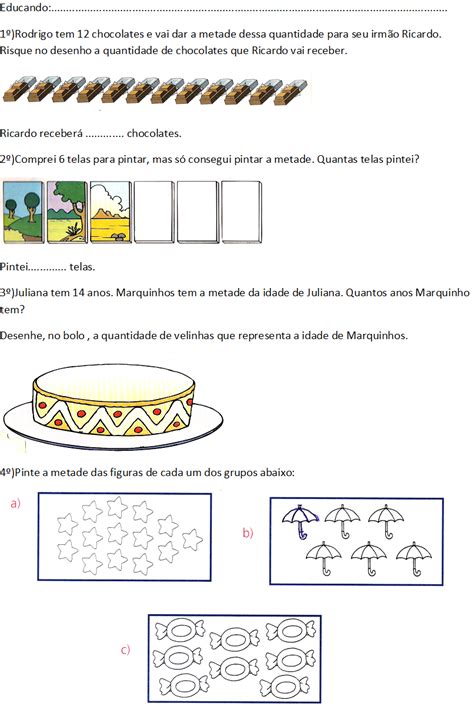 Atividades Sobre Metade Terça Parte Quarta Parte E Quinta Parte