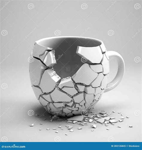 Detailed 3d Render Of Broken Tea Cup On Grey Background Stock