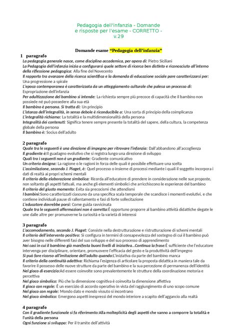 Pedagogia dell'infanzia - Domande e risposte per l'esame - CORRETTO - v