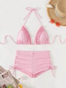 Swim Mod Frill Trim Drawstring Halter Micro Triangle Bikini Summer Beach SHEIN USA