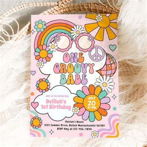 One Groovy Babe S Flower Power Rainbow Birthday Invitation Zazzle