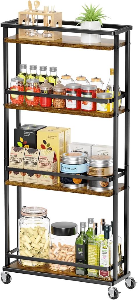 Giwil Slim Storage Cart 4 Tier Narrow Kitchen Rolling Cart On Wheels For Small Space