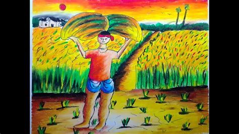 farmer working in the field drawing /how to draw a farmer working in a f... | Village drawing ...