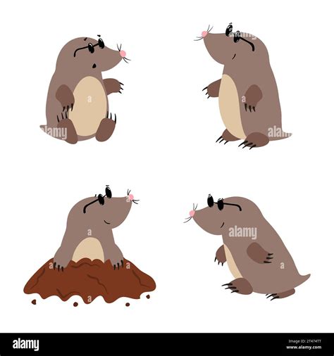 Set Of Cute Cartoon Moles Vector Illustration For Kids Stock Vector