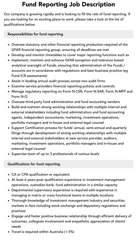 Fund Reporting Job Description Velvet Jobs