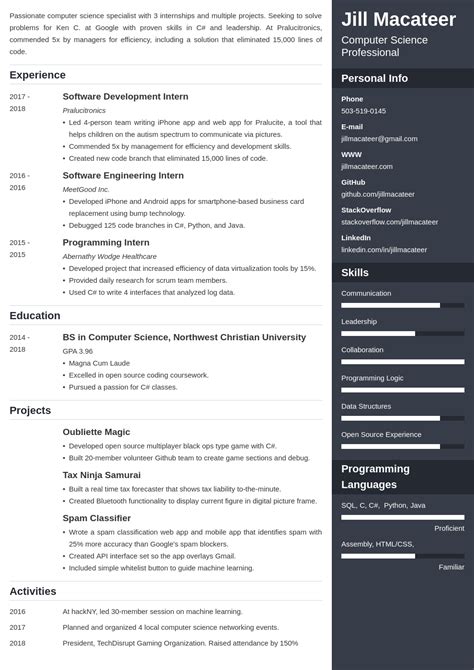 Computer Science Cs Resume Template Examples For