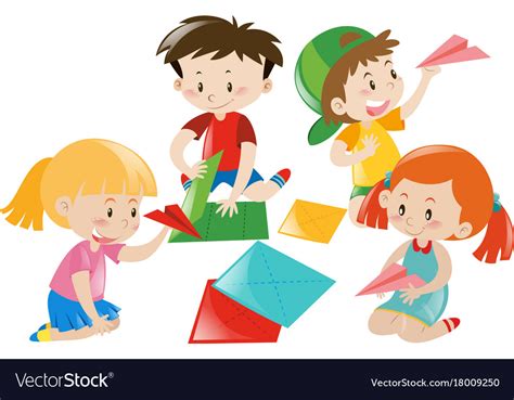 Boys and girls folding paper airplane Royalty Free Vector