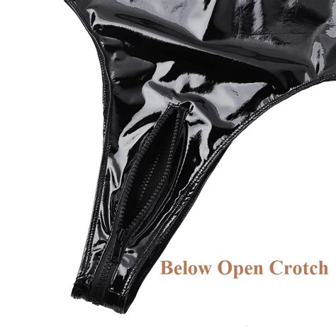 Sexy Open Crotch Glossy PVC Leather Bodysuit For Women Hot Breast Exposing Shiny Latex Sheath