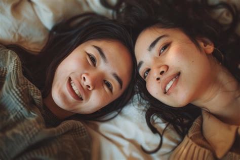 Happy Asian Lesbian Couple Lying On The Bed In The Bedroom Premium Ai Generated Image