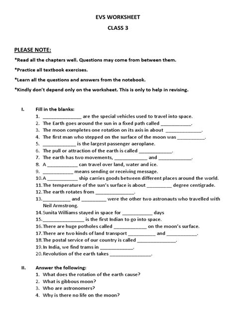 Evs Worksheet | PDF | Moon | Transport 
