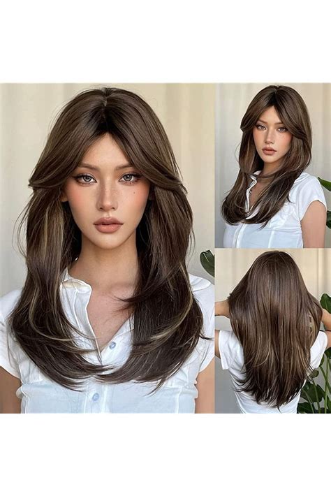Haircube Long Brown Wigs For Women Layered Synthetic Hair Wig With Highlight Blonde Highlights