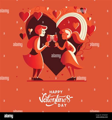 Vector Illustration Of Romantic Young Couple Clinking Drink Glasses On