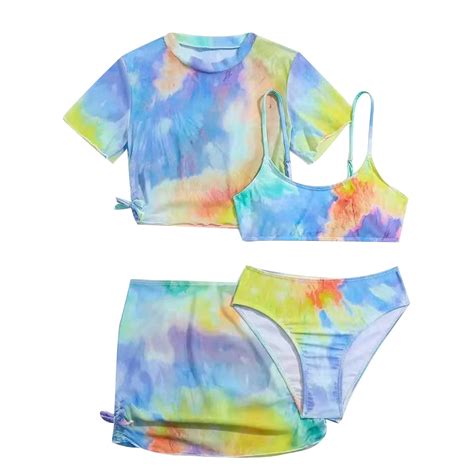 Youmylove Girls Swimsuits 4 Piece Tankini Bathing Suit Set Tie Dye Cute Bikini Swimwear With