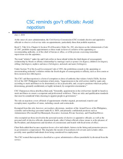 (DOC) CSC reminds gov't officials: Avoid nepotism