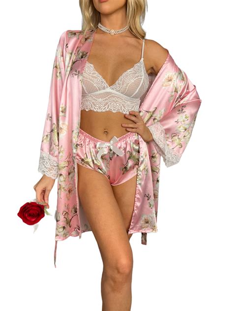 LilyLLL Womens Babydoll Pajamas Suit Bralette Lace Silky Short Kimono Robe Lingerie Sleepwear