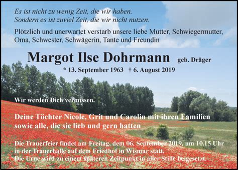 Traueranzeigen Von Margot Ilse Dohrmann Trauer Anzeigen De