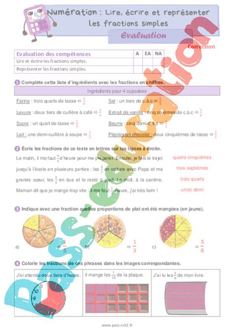 Lire écrire et représenter les fractions simples Évaluation de