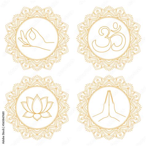 Collection Of Buddhism Symbols On Ornate Background Namaste Lotus