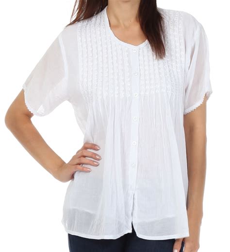 Sakkas Button Down Embroidered Short Sleeve Semi Sheer Gauzy Cotton Top