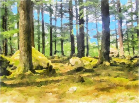 Watercolor Painting Mountain Landscape Relic Pine In The Kullu Valley