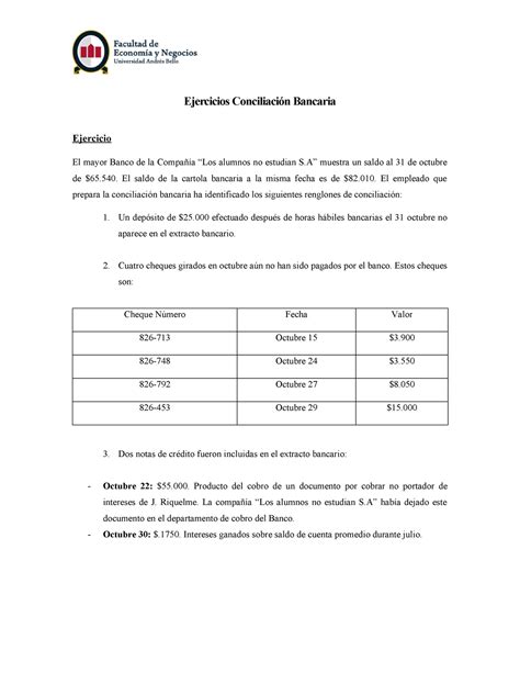 Ejercicios Conciliación Bancaria Ejercicios Conciliación Bancaria