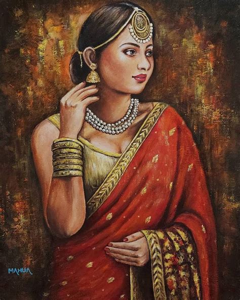 A Painting Of A Woman In Red And Gold Sari With Her Hand On Her Shoulder