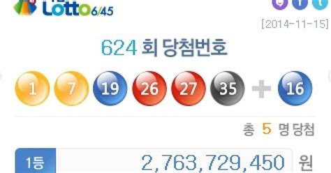 로또624회당첨번호 1등 당첨자 5명 당첨금은 얼마 1인당 27억원씩