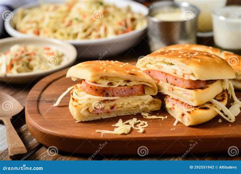 Focaccia Sandwich With Mortadella Cheese And A Side Of Coleslaw Stock