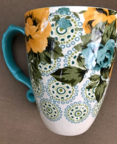 Set Of 2 Pioneer Woman Rose Shadow Jumbo Latte Coffee Mug Turquoise Yellow Roses Ebay